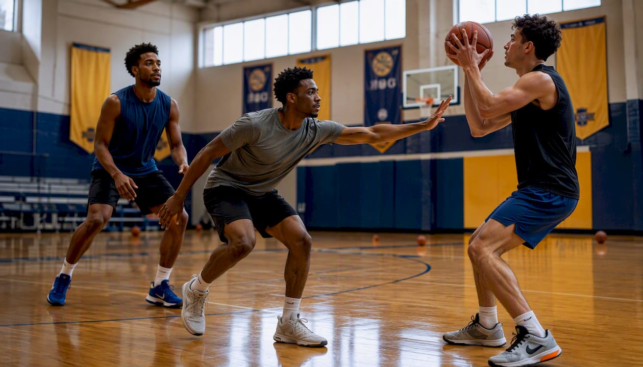 Players practicing close-out defense drill indoors