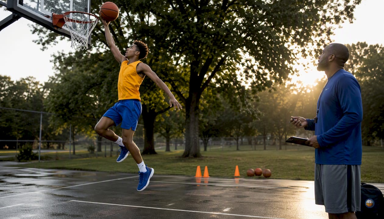 Player performing basketball layup drill in gym