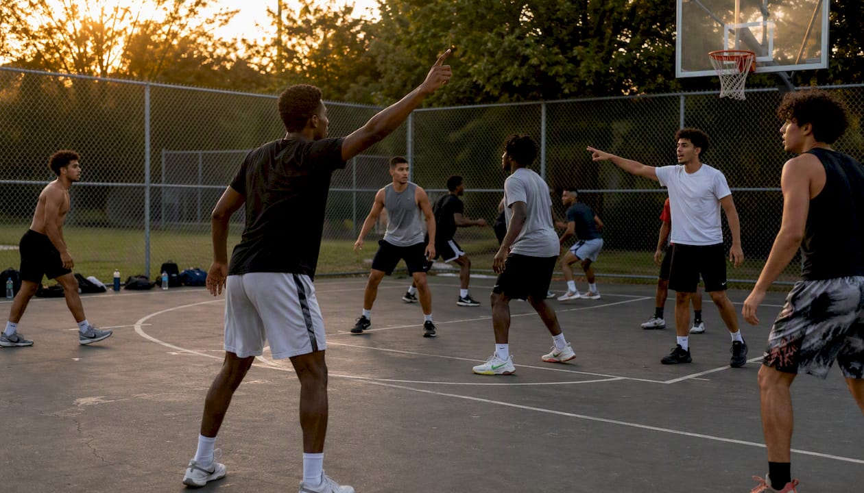 Basketball players practicing verbal communication drill