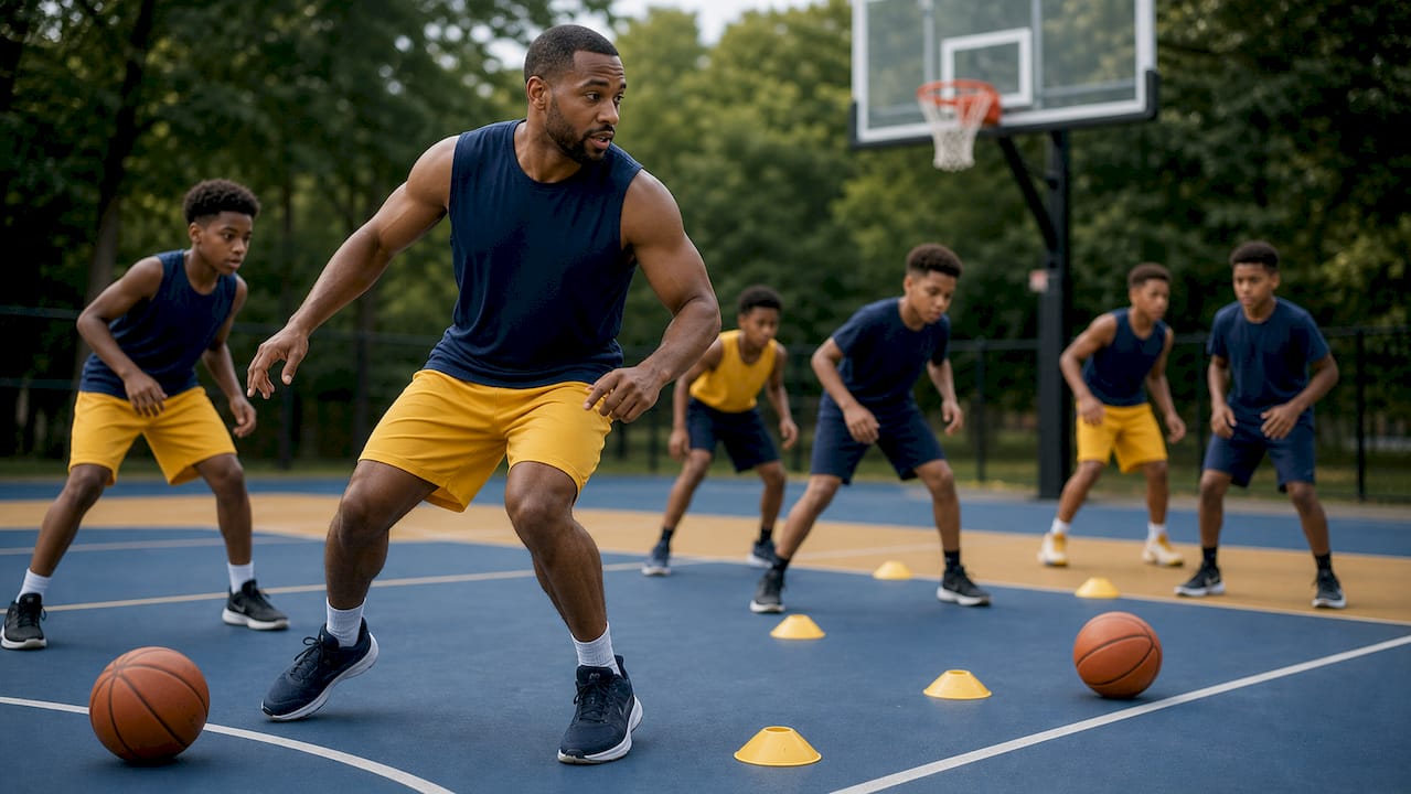 Coach leading youth dynamic warm-up on basketball court