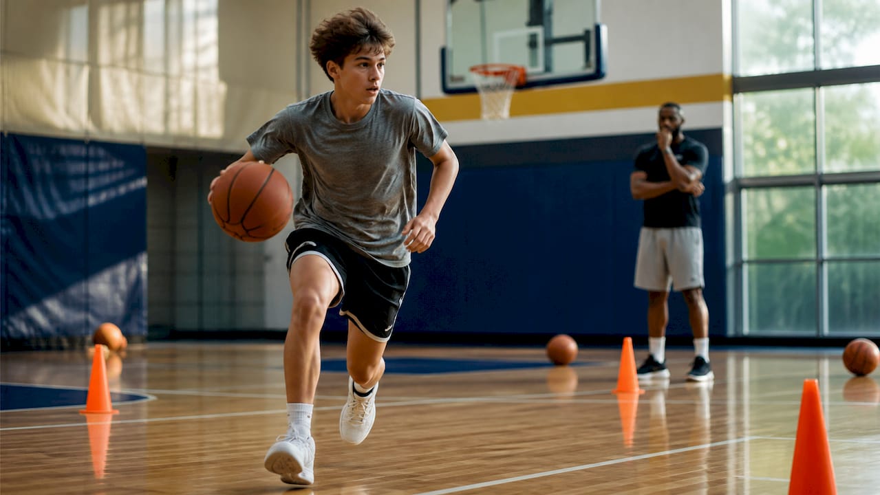 Youth player running full-court basketball drill