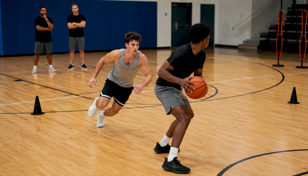 Player setting flare screen at elbow on court