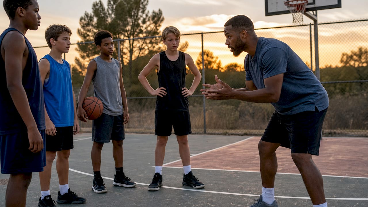 Coach instructing youth team on sideline basketball play