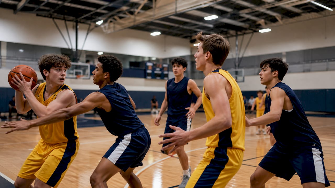Youth players running stack baseline basketball play