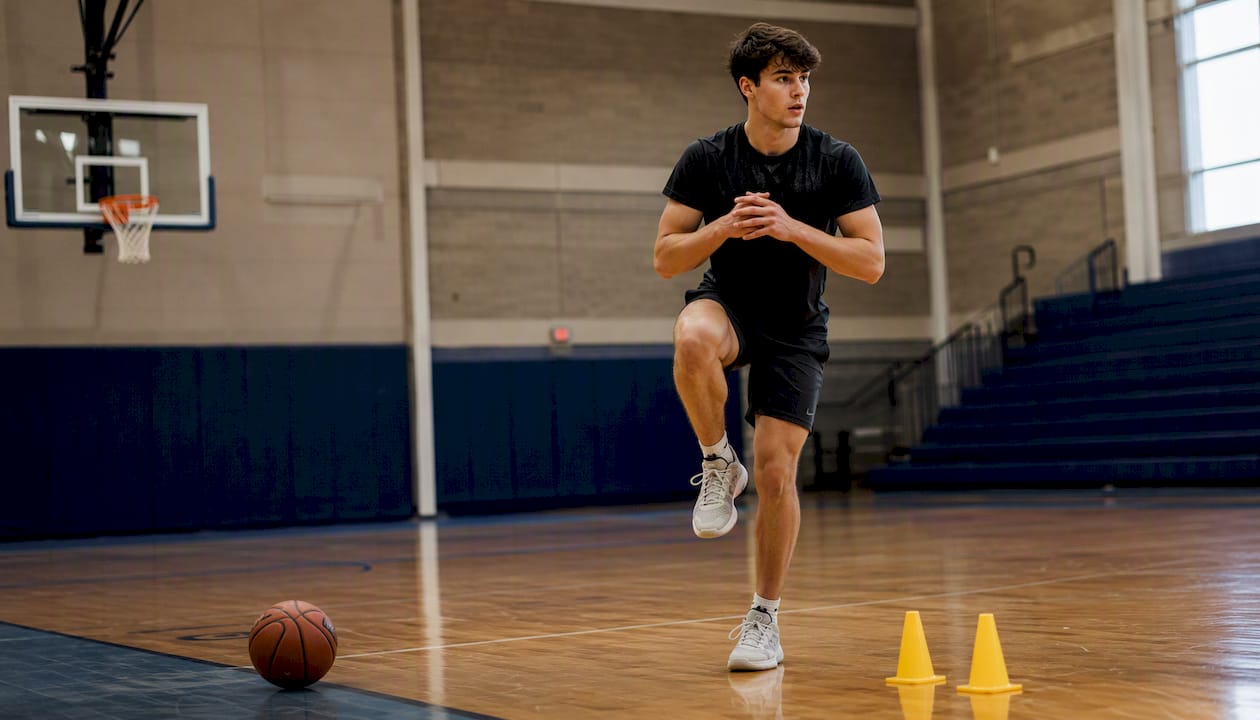 Athlete performing single-leg balance drill indoor gym