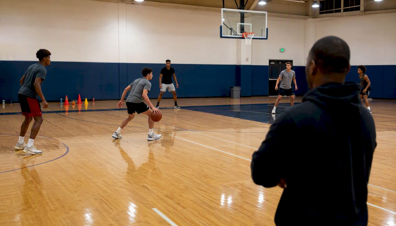 Players spaced in five-out offensive alignment