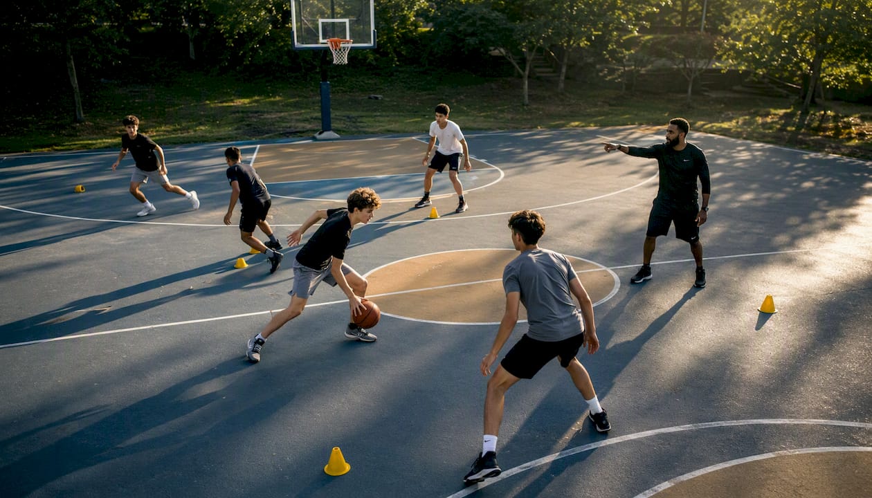 Coach running basketball drill with players on indoor court