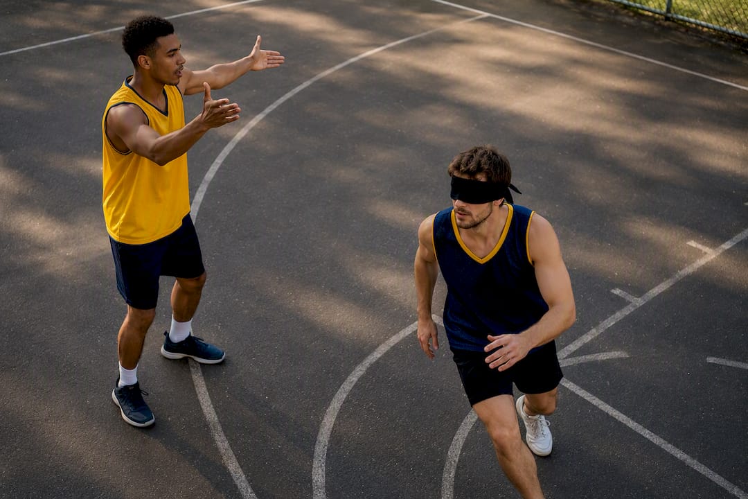 Blindfolded screen drill with verbal guidance