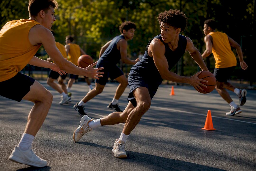 Players sprinting and passing during drill