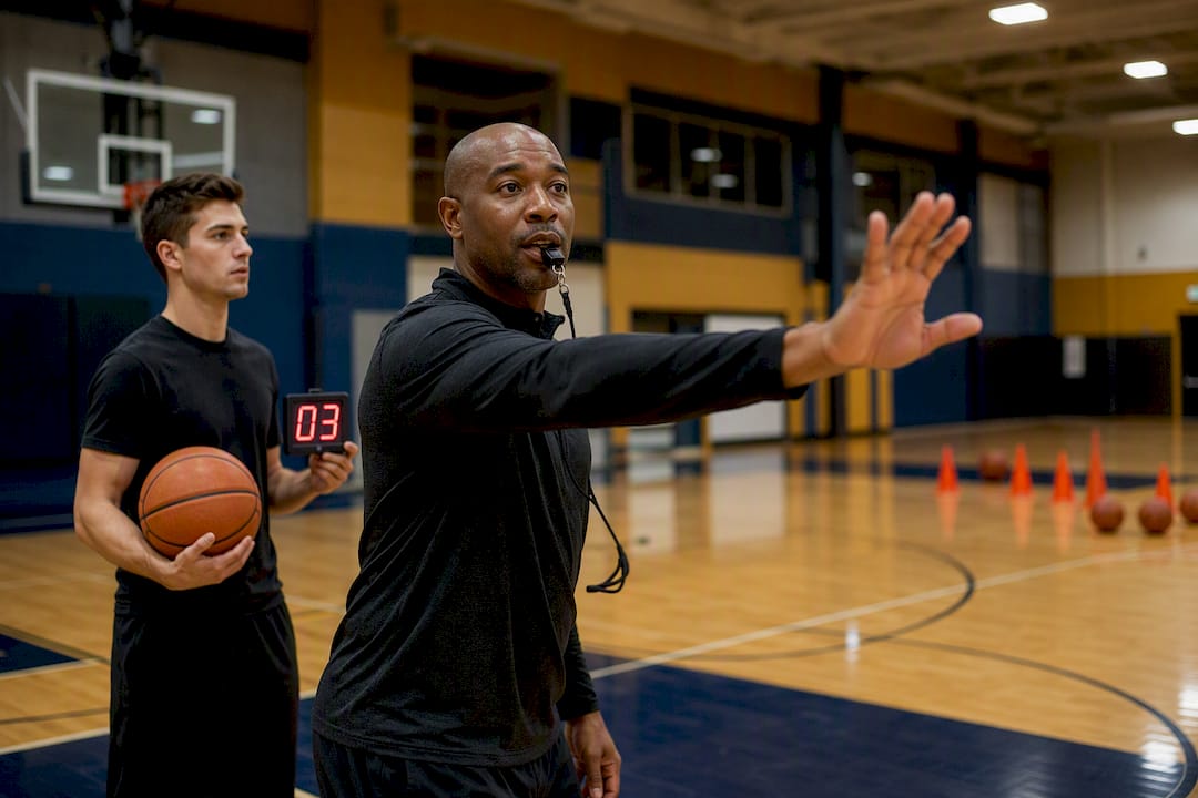 Coach and assistant enforcing drill transition with timer