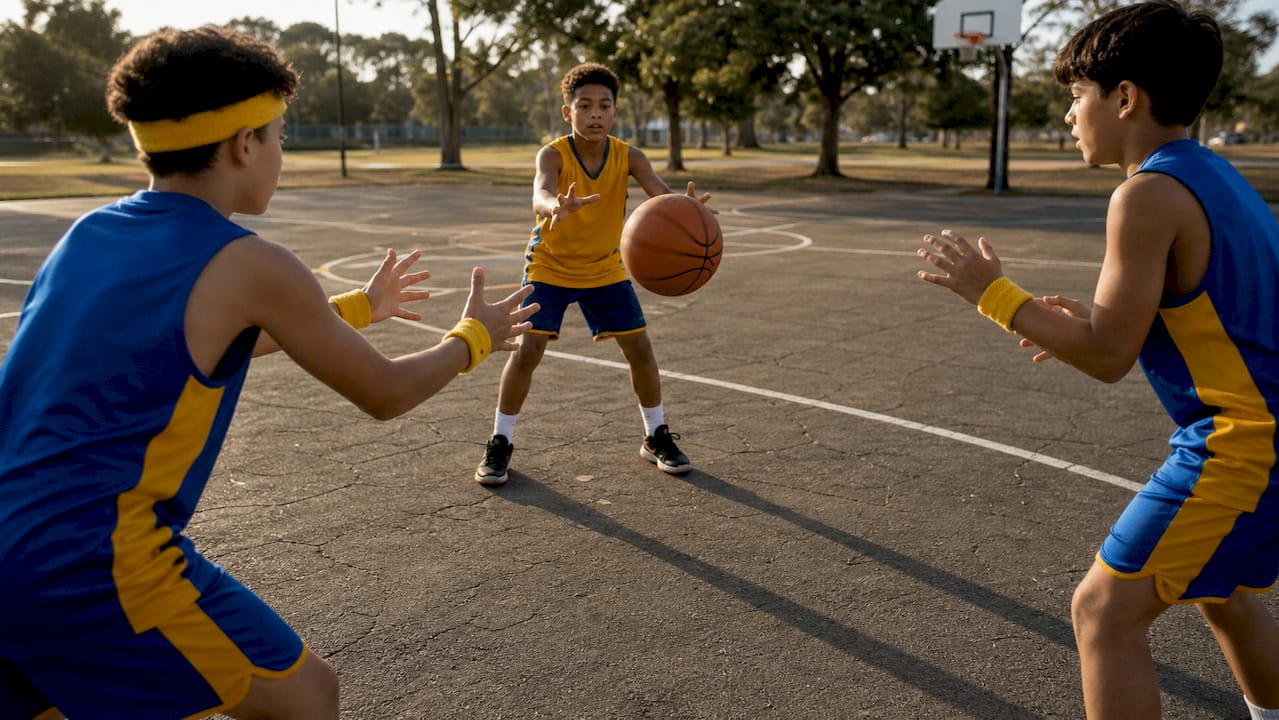 Youth basketball players doing passing drill