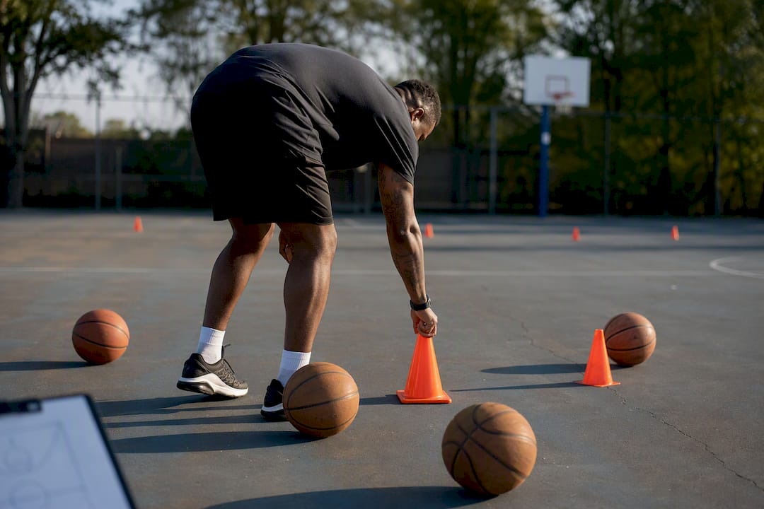 Coach arranging basketball practice drills on court