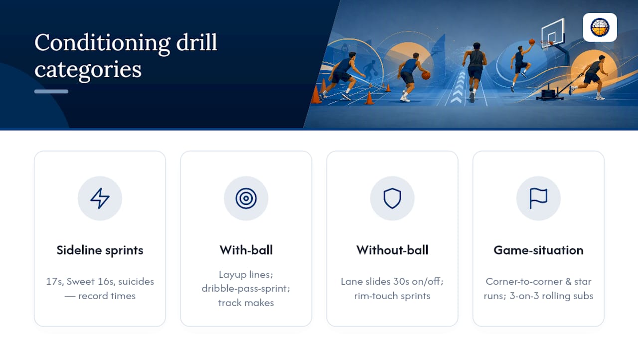 Diagram illustrating types of basketball conditioning drills and their training targets