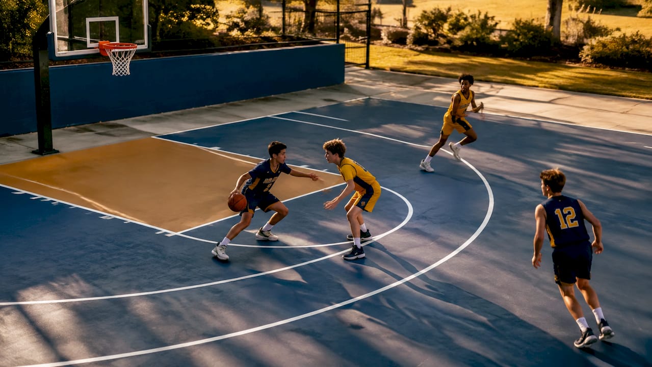Youth players running a three-on-three scrimmage