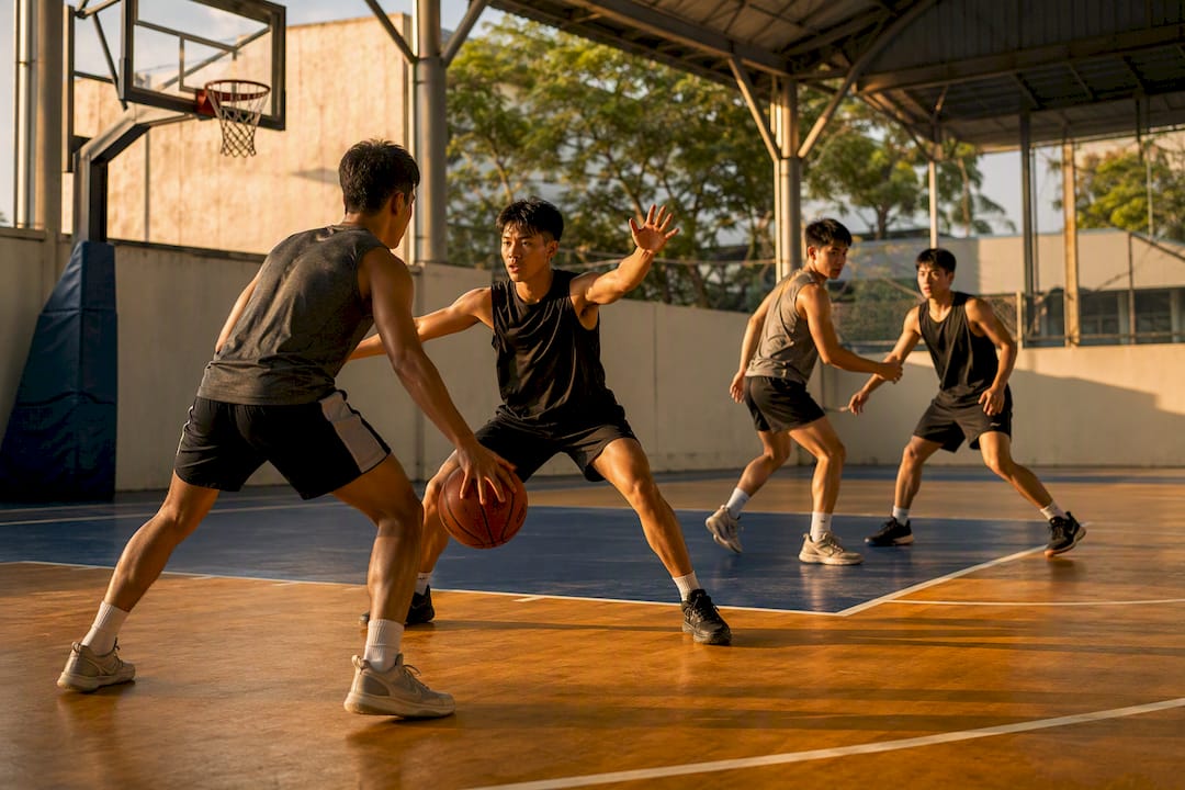 Players executing coordinated two-on-two closeout drill