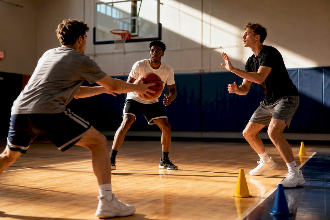 Players communicating during passing constraint drill