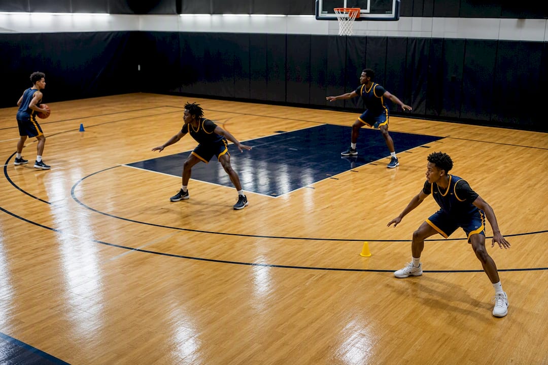 Players practicing basketball shell drill rotations