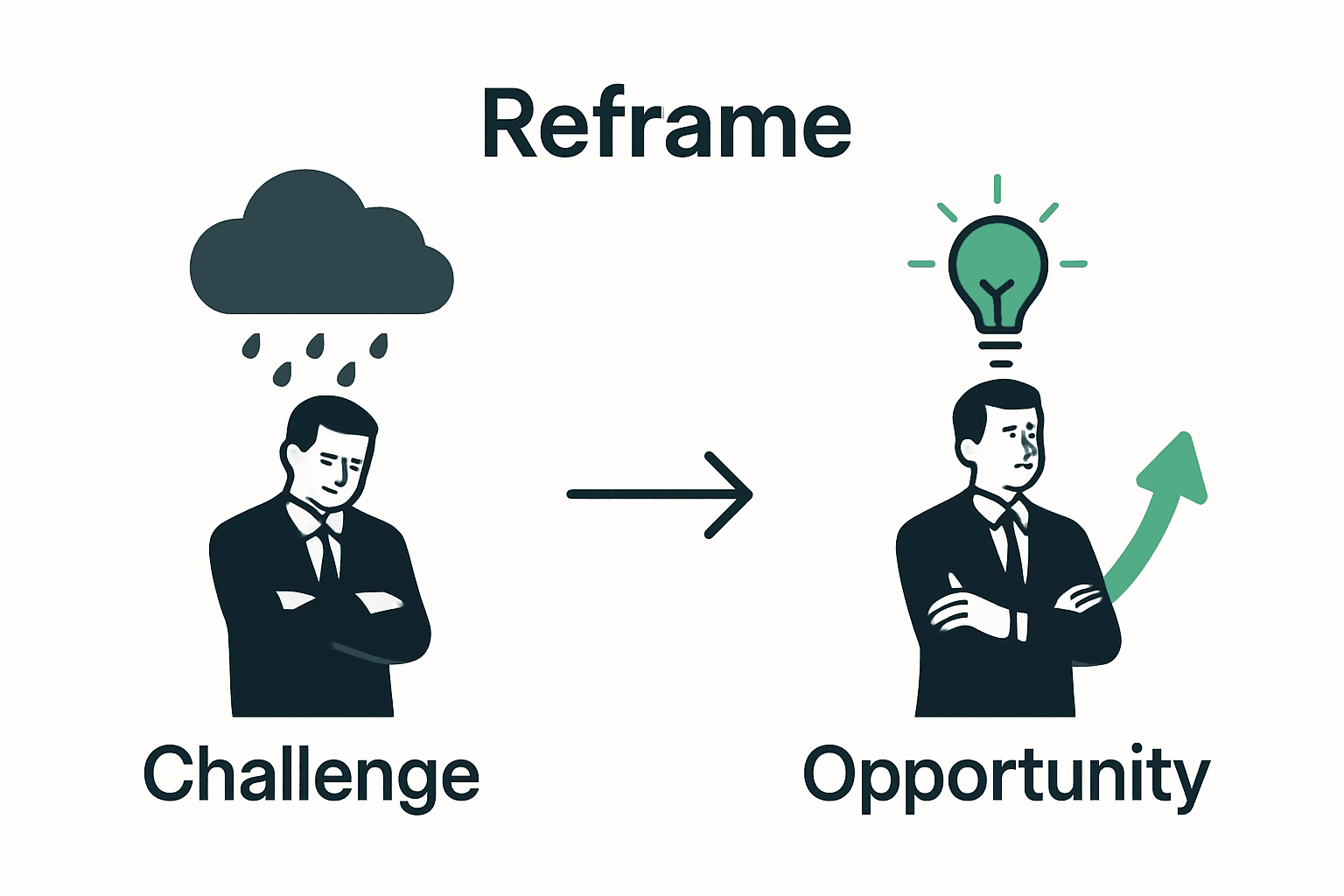 Infographic comparing negative thought patterns with reframed, opportunity-focused thinking.