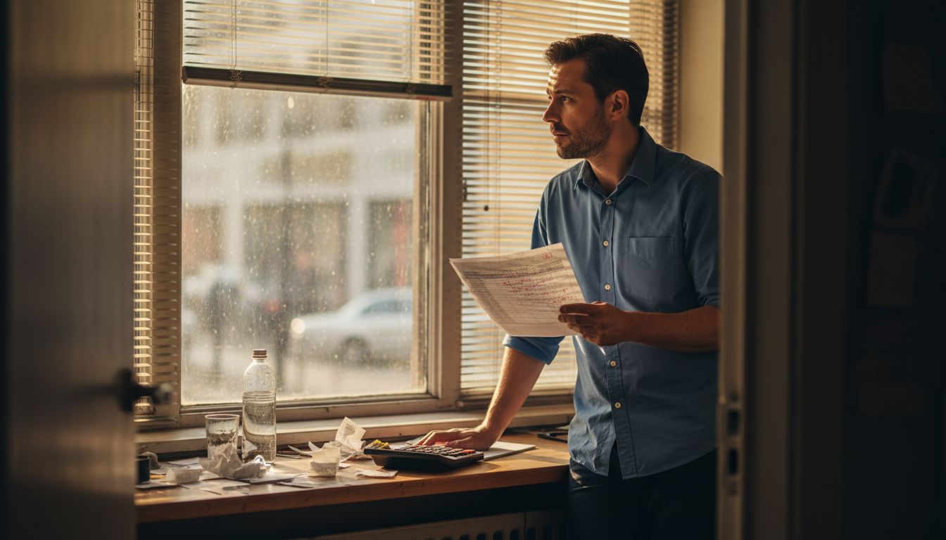 Businessman reviewing finances in sunlit office
