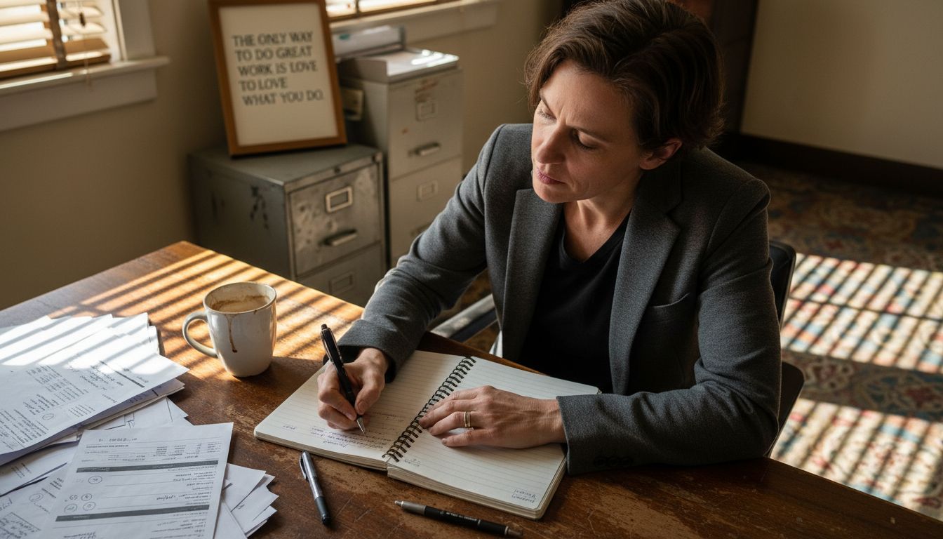 Money Mindset: Transform Beliefs to Boost Business Success 1 Business owner reflecting at cluttered desk