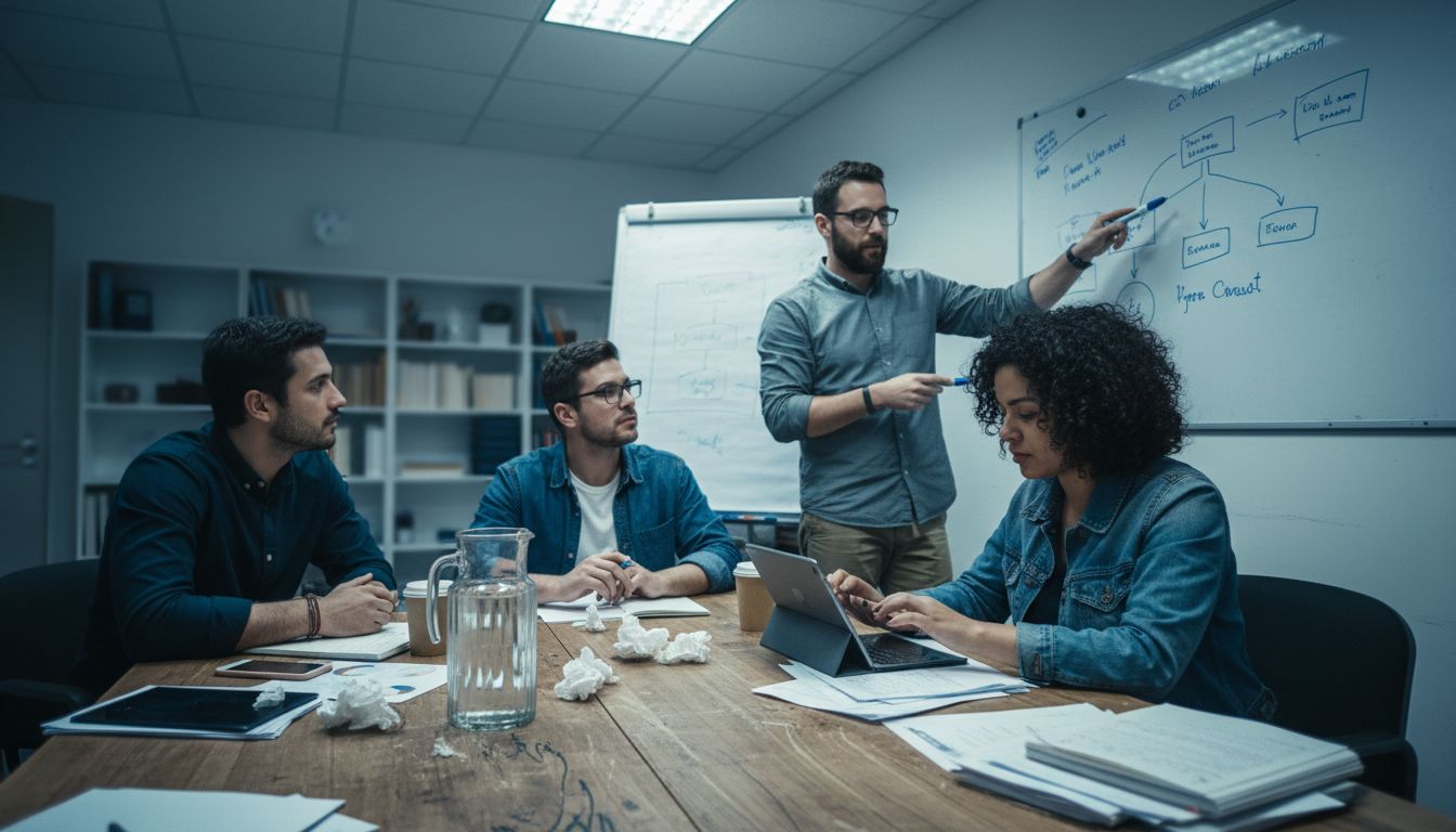 How to Grow My Business for Sustainable Success 1 Team collaborating around cluttered conference table