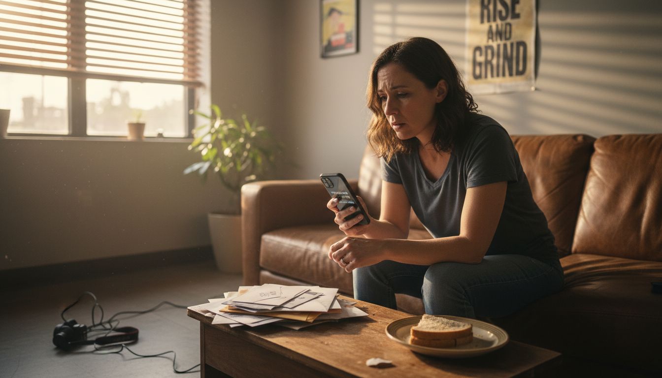 Money Dysmorphia: Hidden Barriers to Financial Success 1 Entrepreneur repeatedly checks phone in coworking space