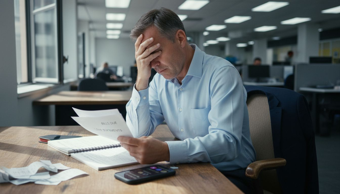 Executive showing signs of financial stress at desk