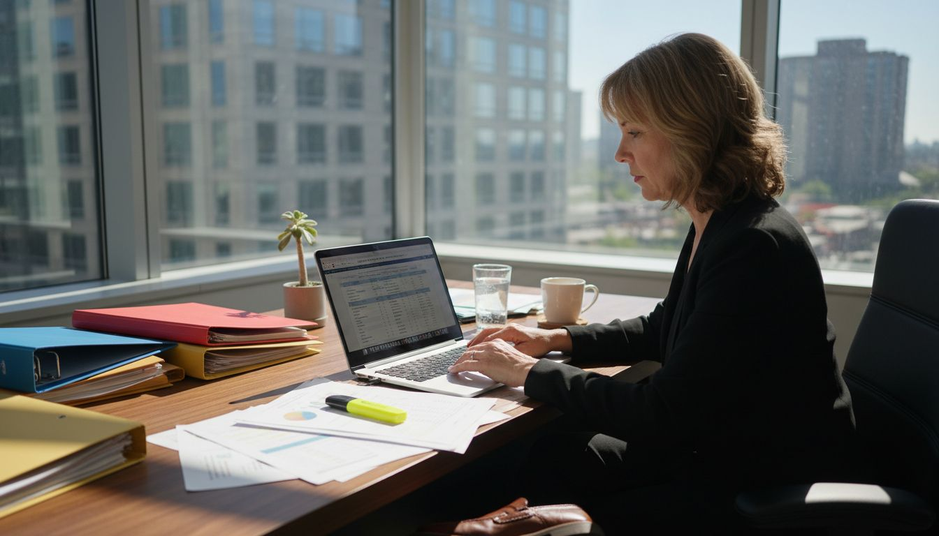 Manager reviewing operational report in corner office