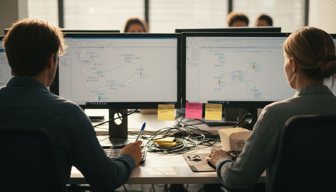 Staff automating workflows at shared open desk