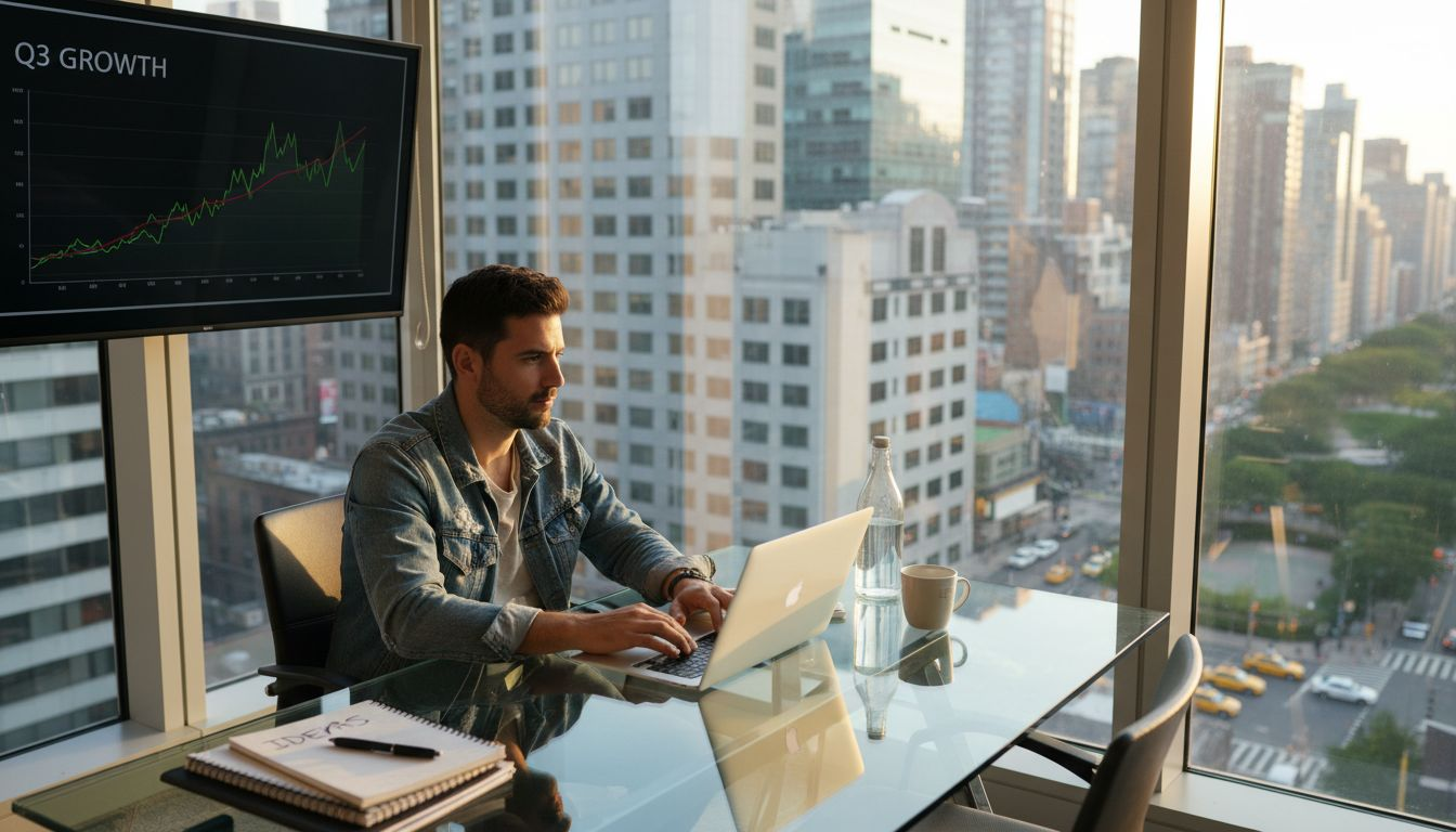 Entrepreneur working in city corner office