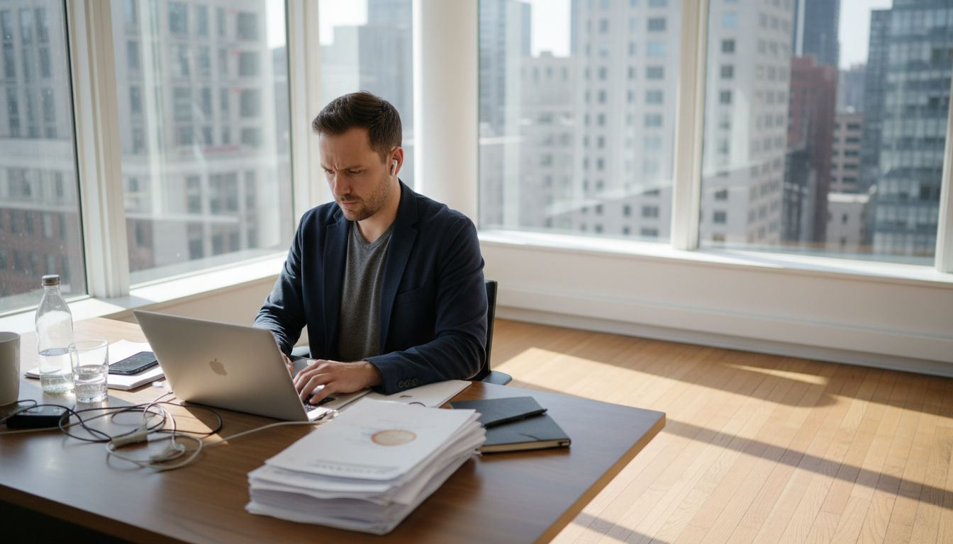 Startup founder focusing at cluttered office desk