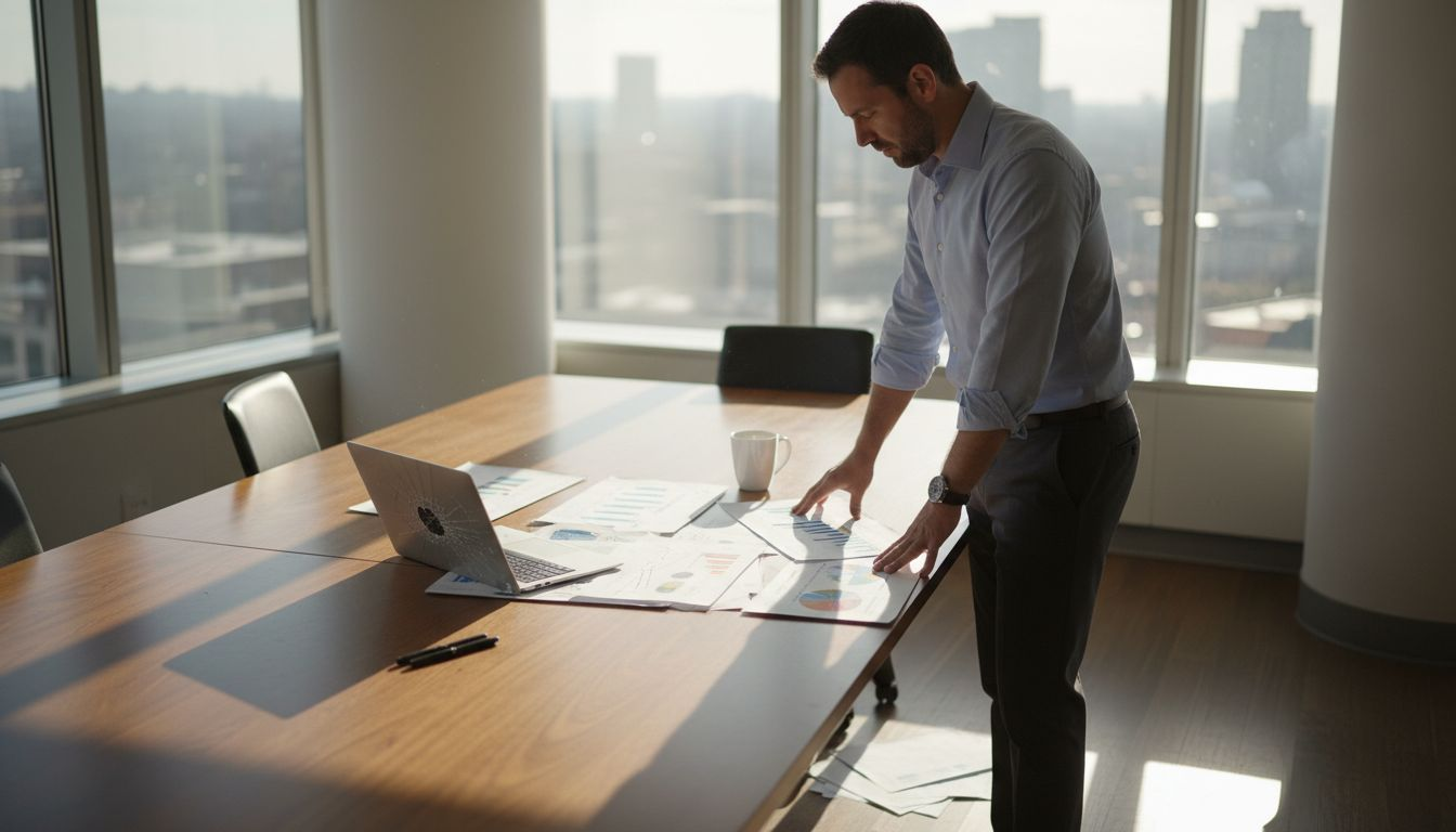 Entrepreneur reviews project charts in corner office