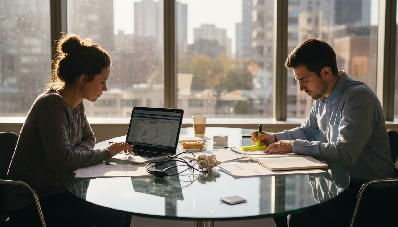 Team collaborates on workflow at meeting table