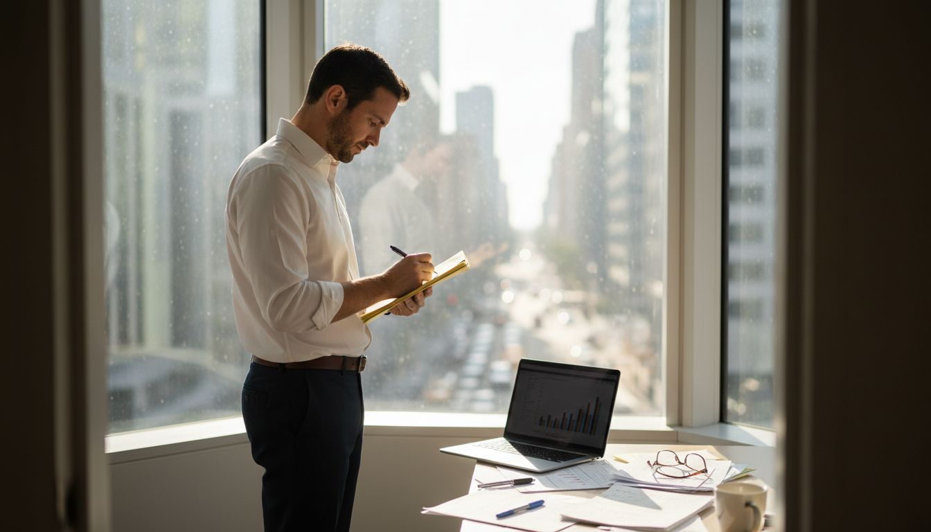 Founder taking notes in sunlit corner office