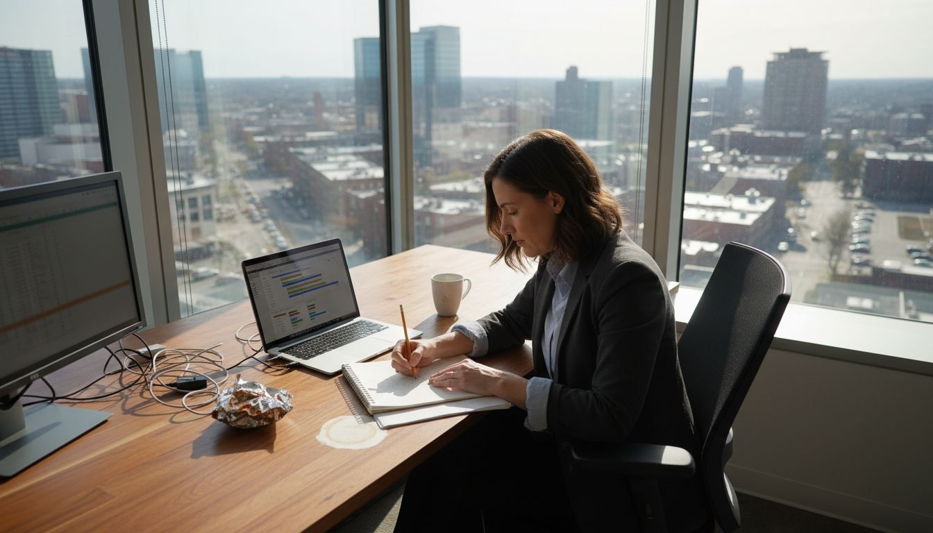 Startup founder working in corner office