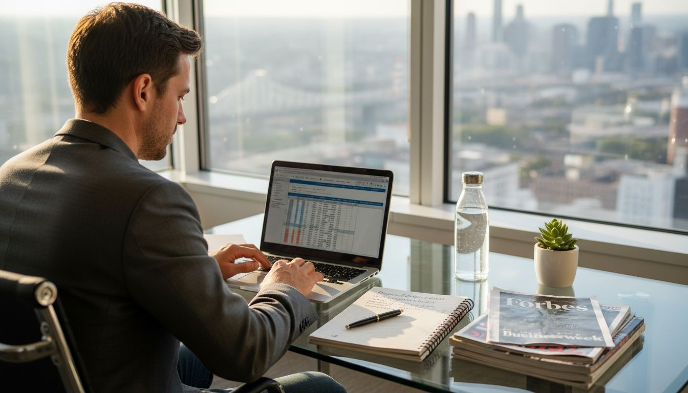 Founder reviewing financial strategy in sunlit corner office