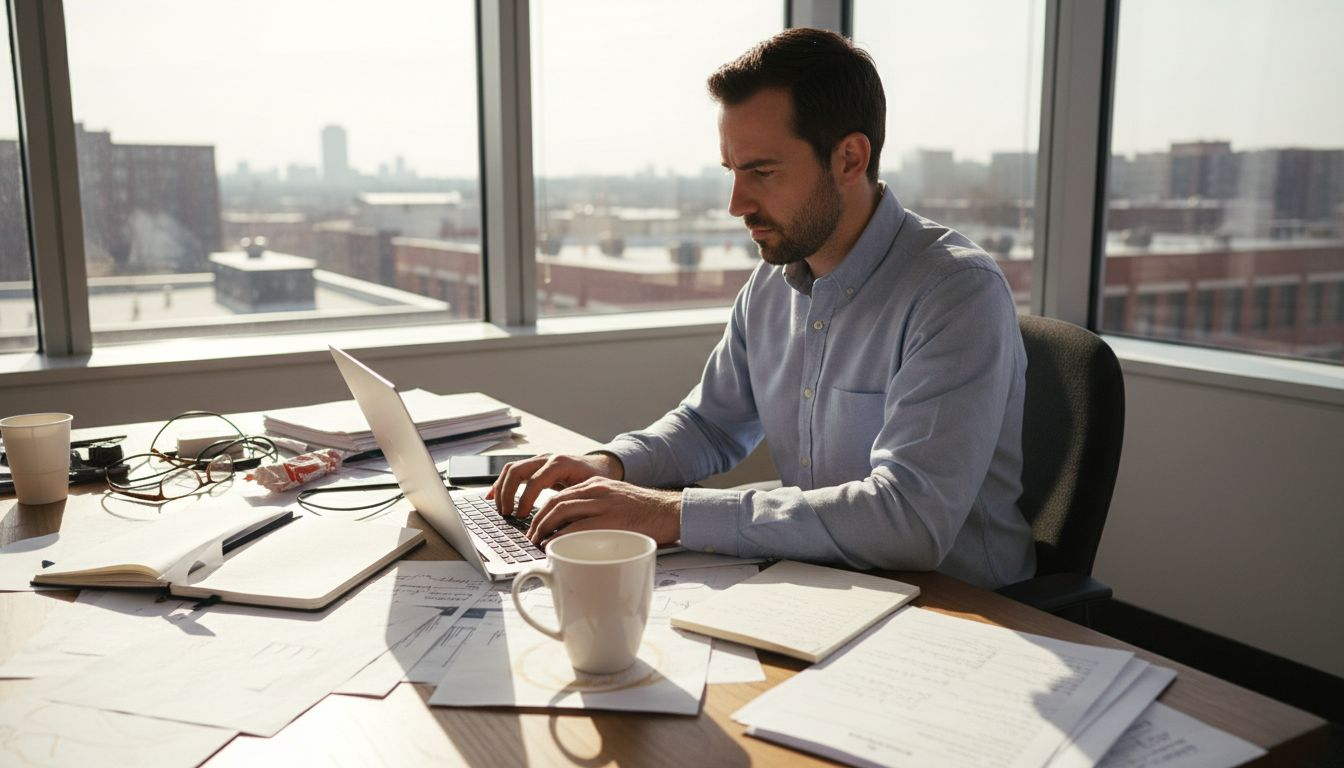 Entrepreneur working at cluttered office desk