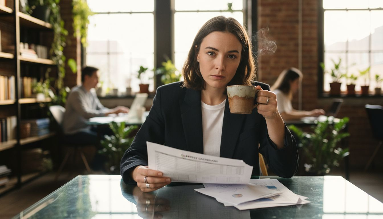 Founder reviewing dashboard at coworking table