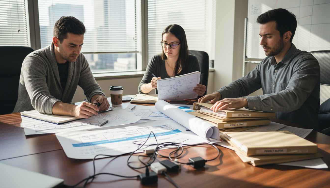 Team reviewing business process charts together Team reviewing business process charts together