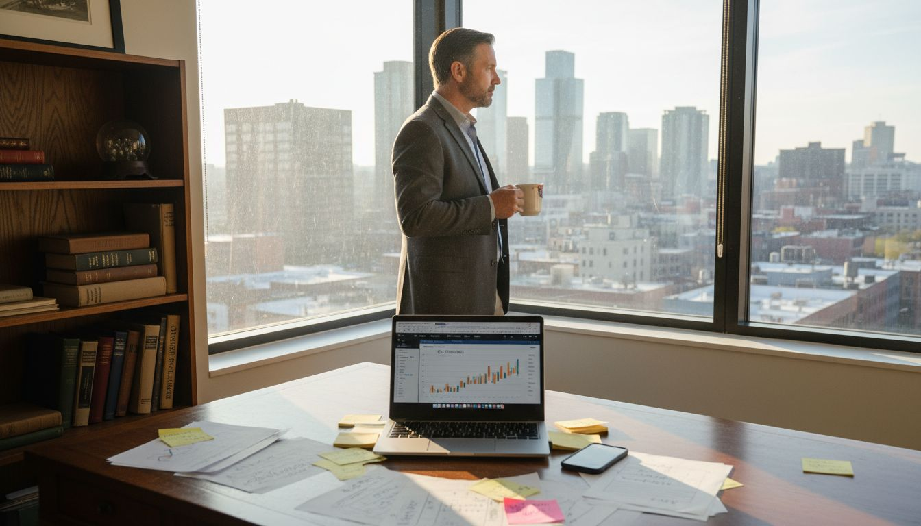 Owner in city office strategizing business growth