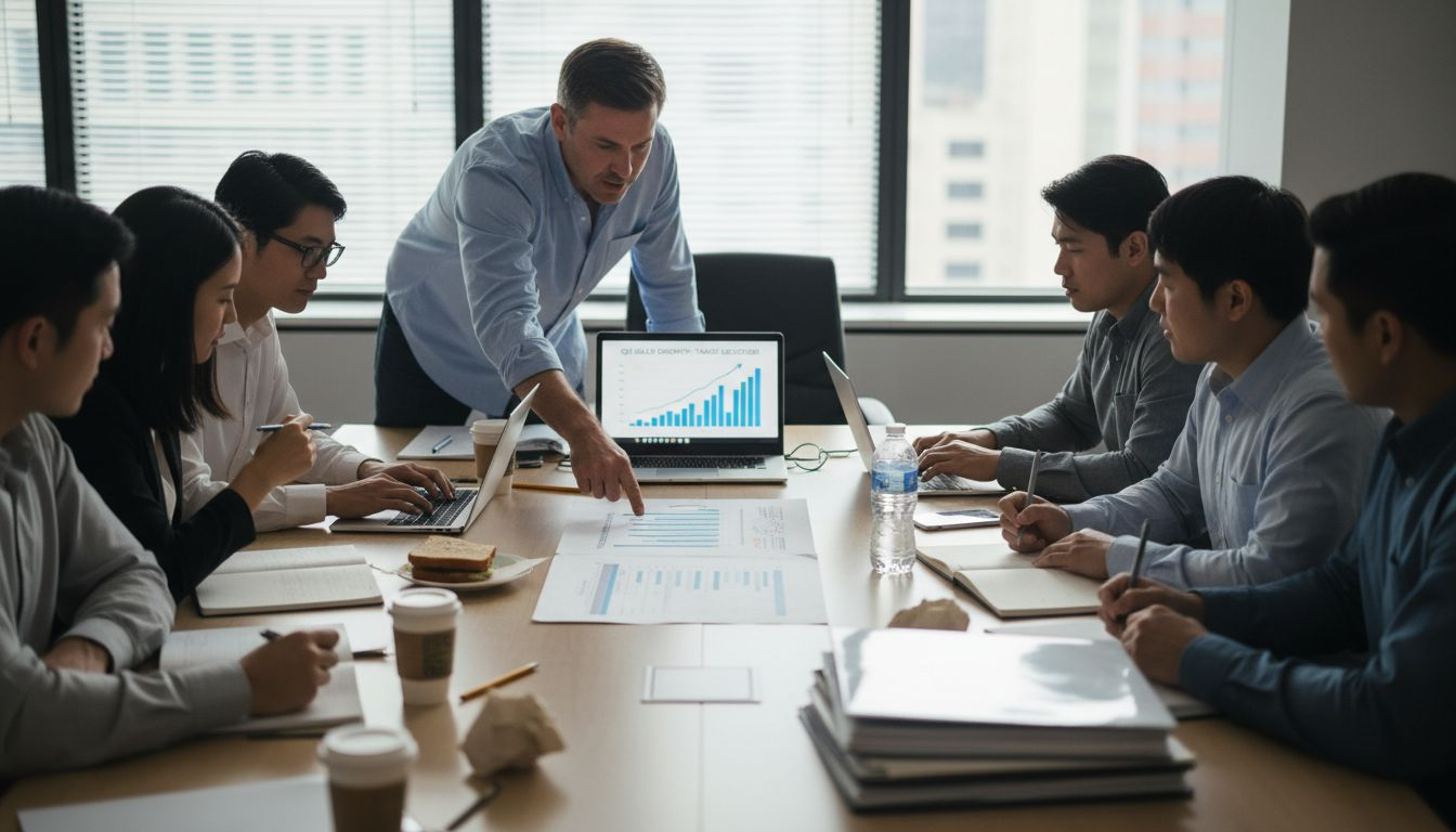 Sales team training around boardroom table