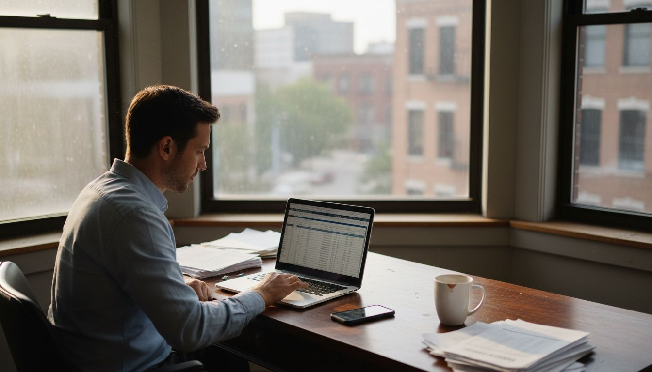 Founder checking spreadsheet at office desk