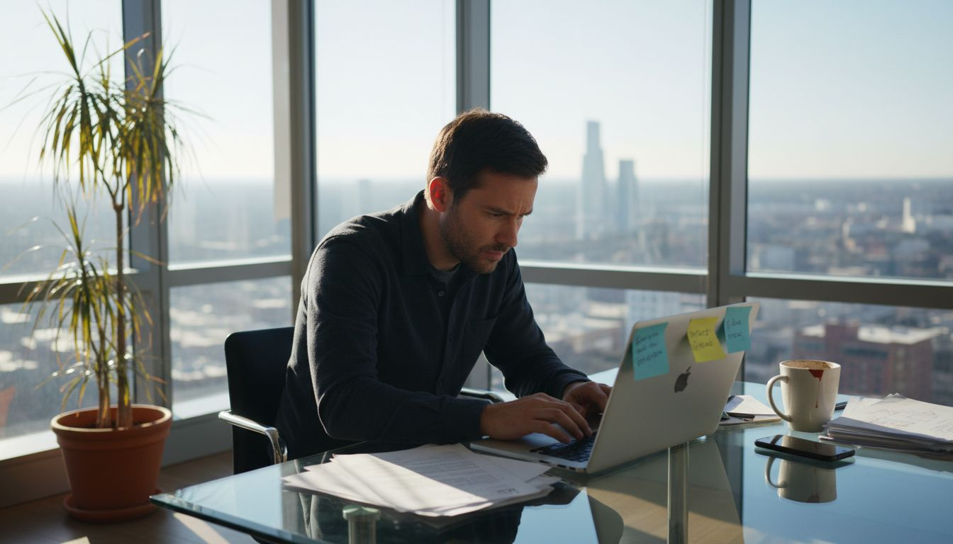 Startup founder reviewing financial data at desk
