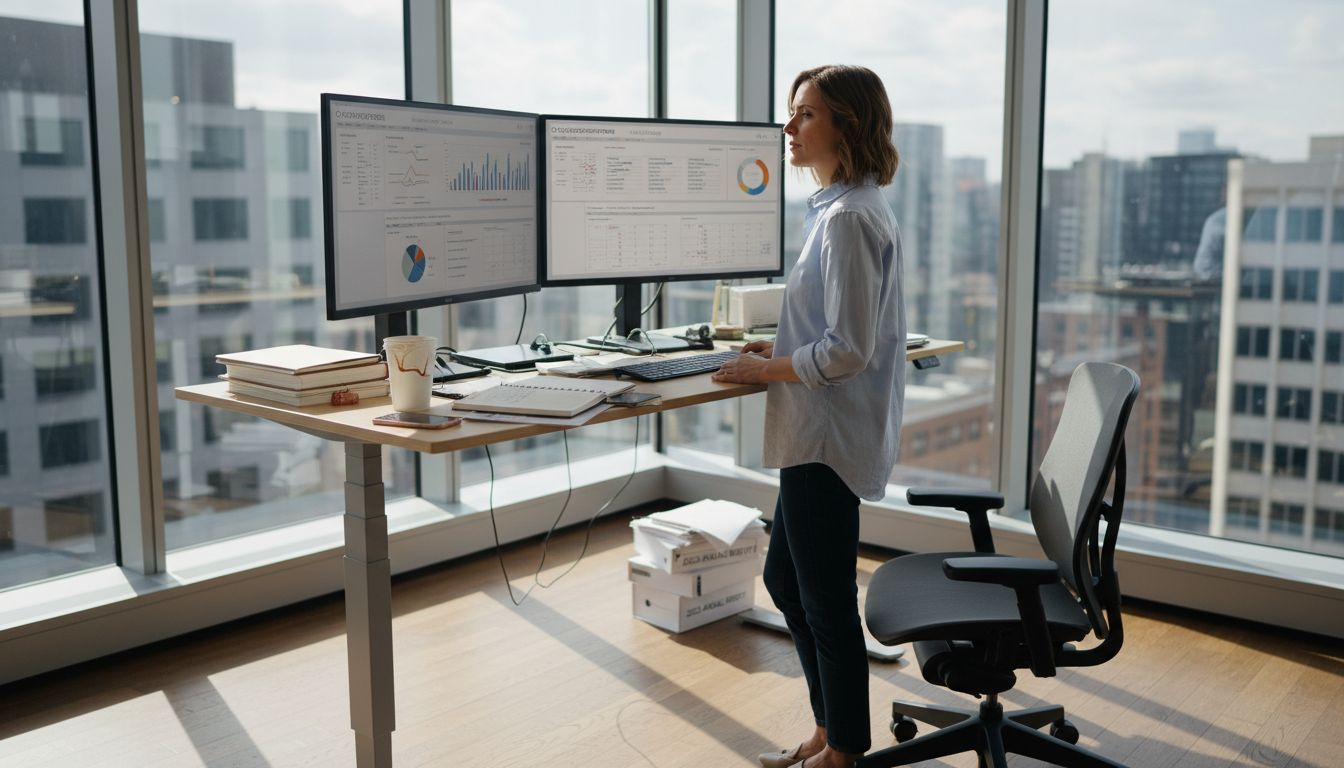 Entrepreneur reviews automated workflow in busy office