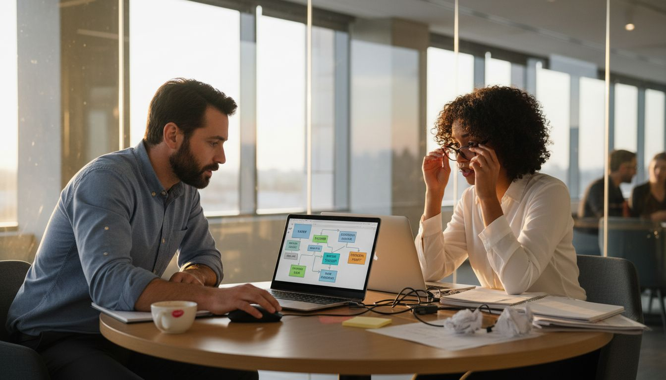 Team reviews automated workflows in office