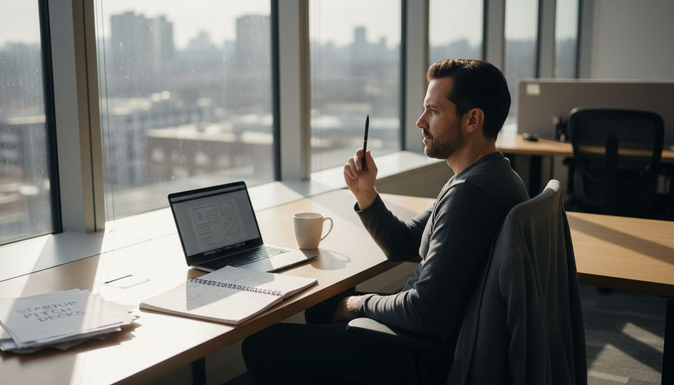 Founder reflecting at desk in corner office