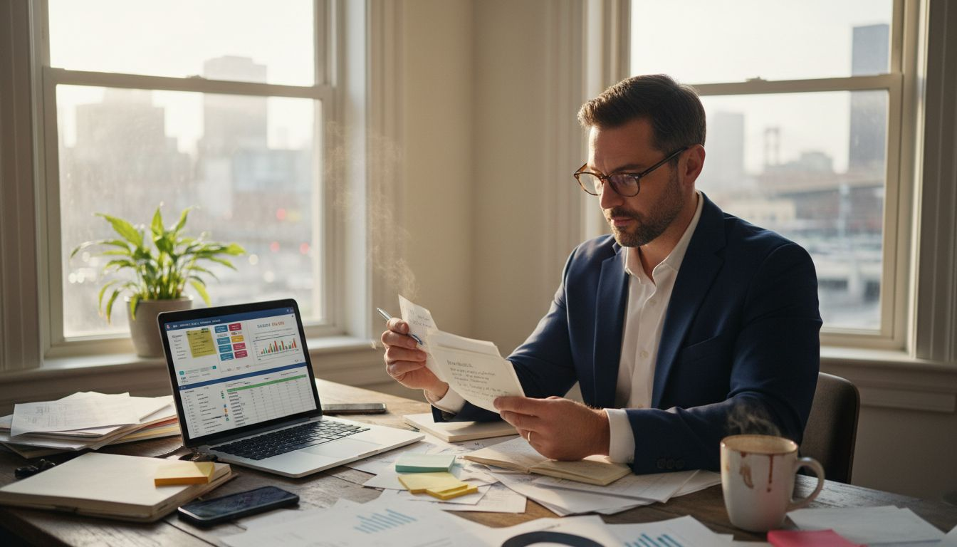 Entrepreneur reflecting at sunlit office desk