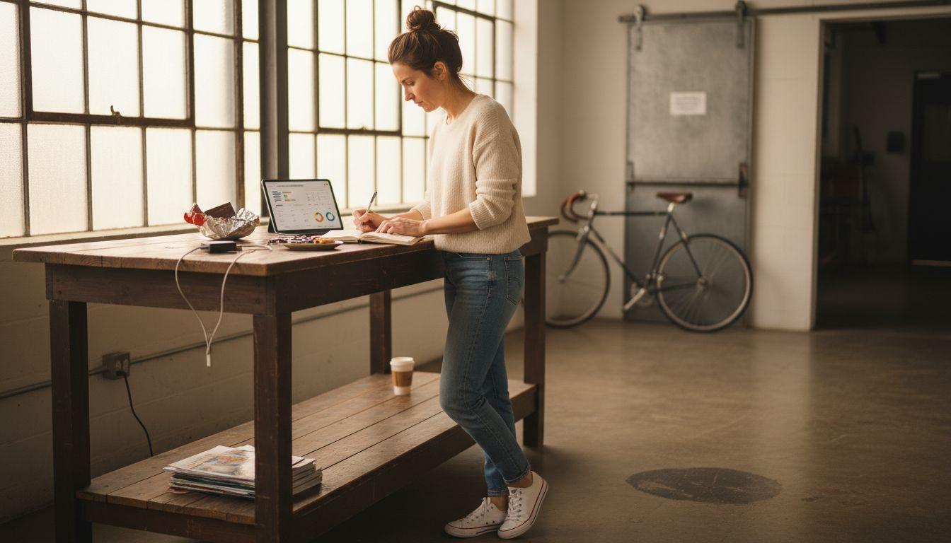 Founder making notes in casual loft workspace