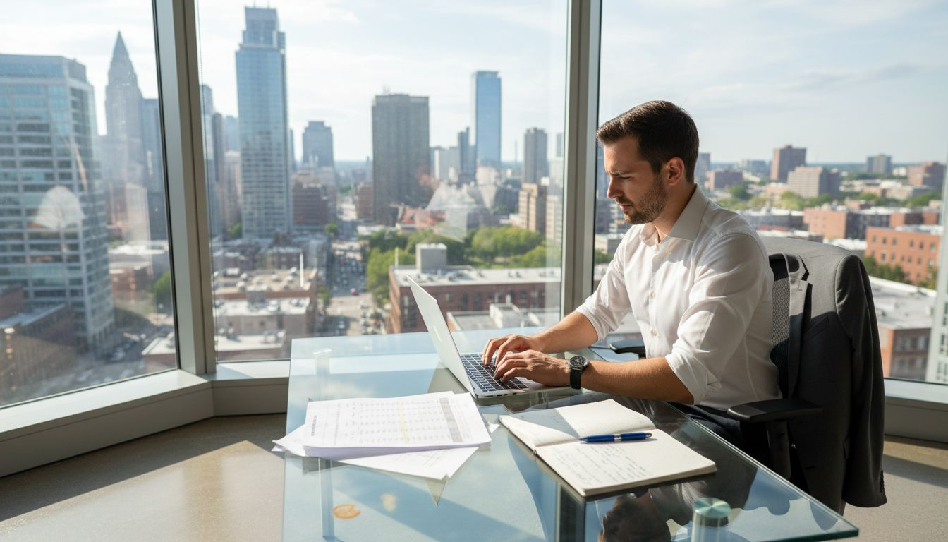 Founder using laptop in bright office