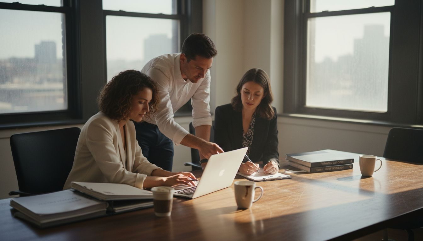 Finance team meeting in corner office